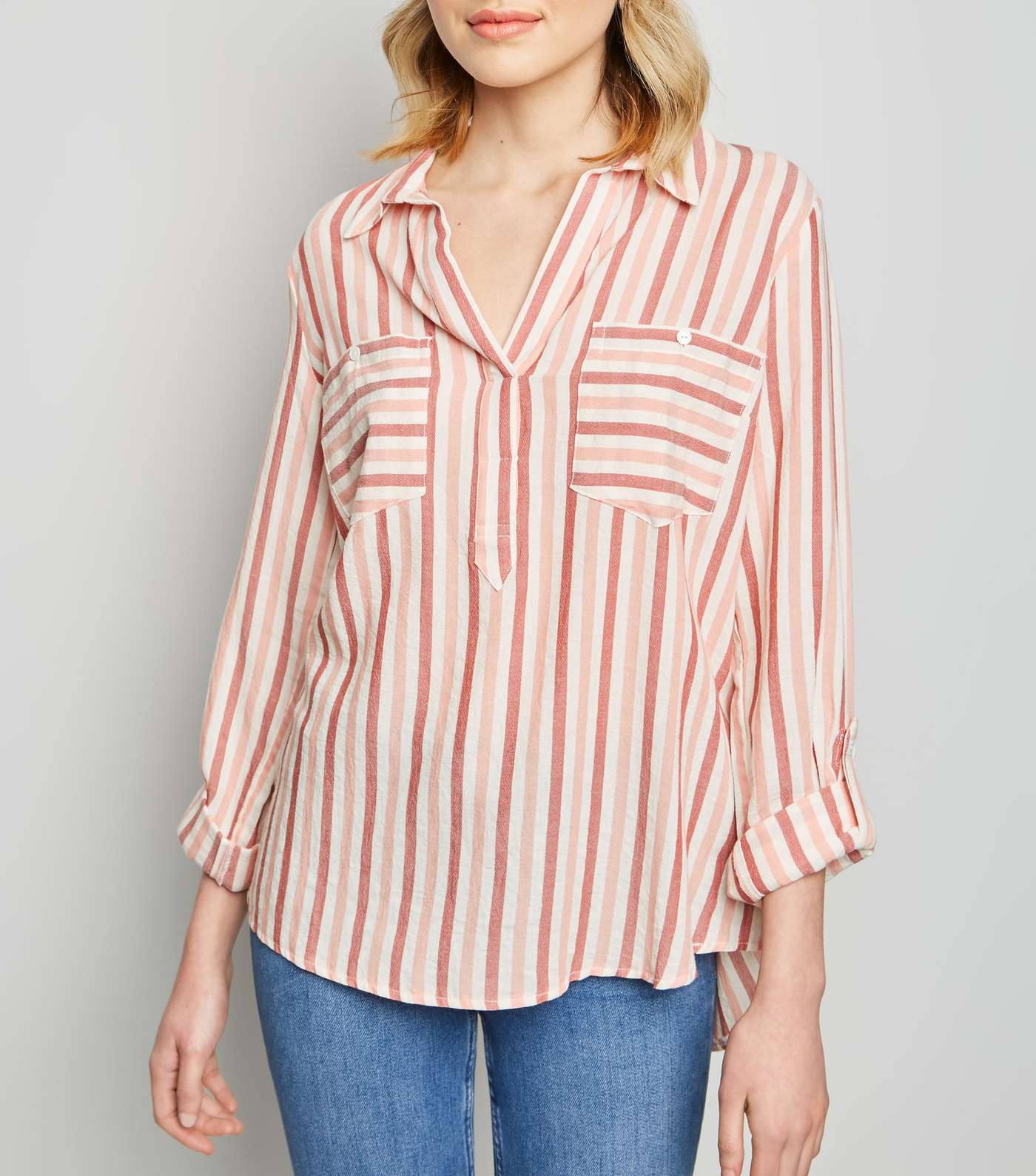 Pink Stripe Pocket Front Overhead Shirt