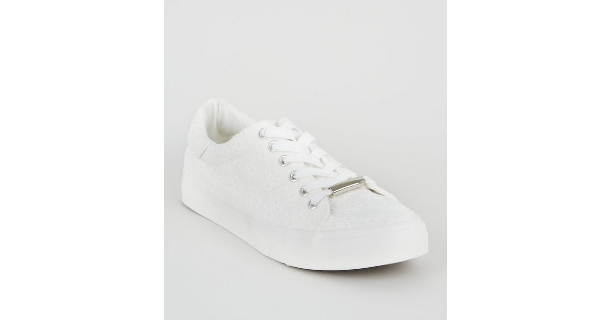 White Floral Embroidered Lace Up Trainers | New Look