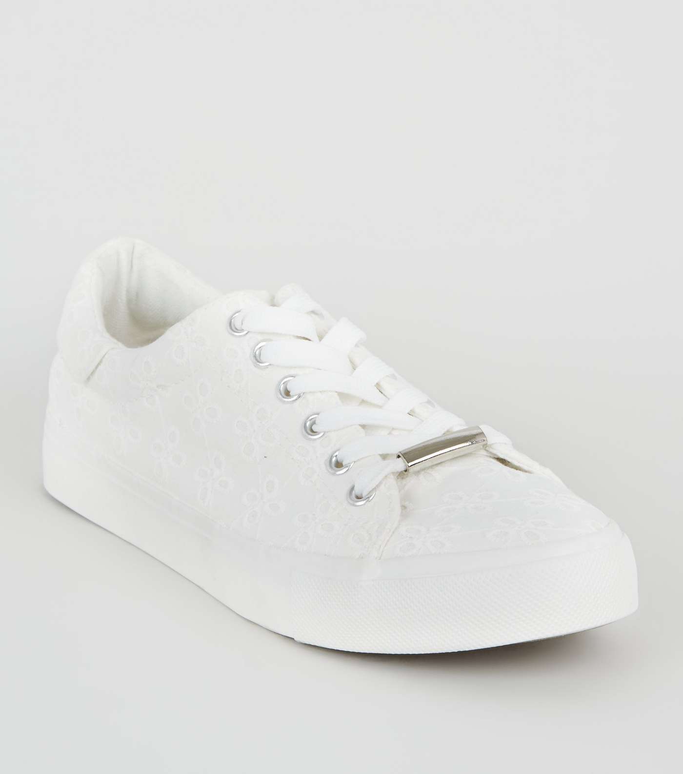 White Floral Embroidered Lace Up Trainers