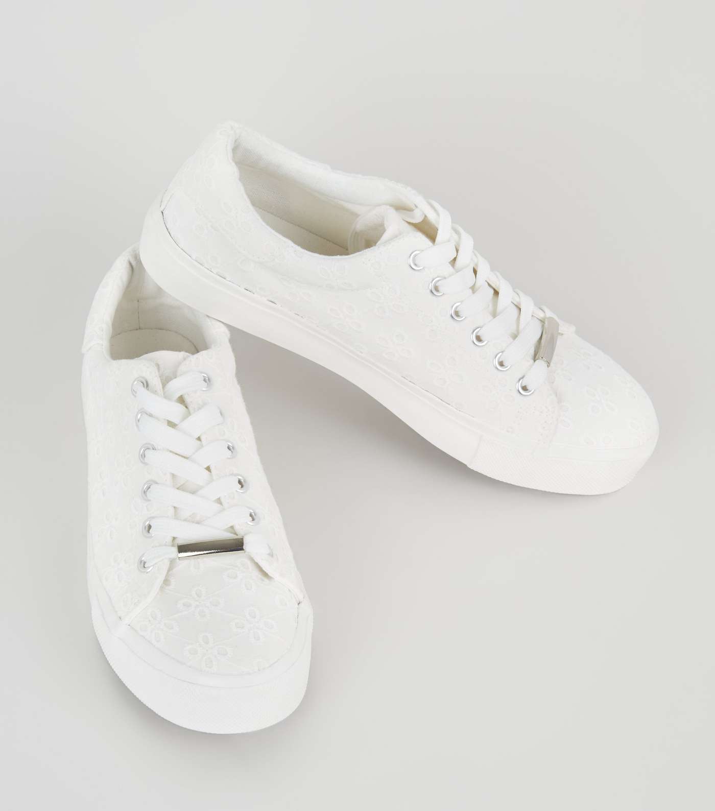 White Floral Embroidered Lace Up Trainers Image 3