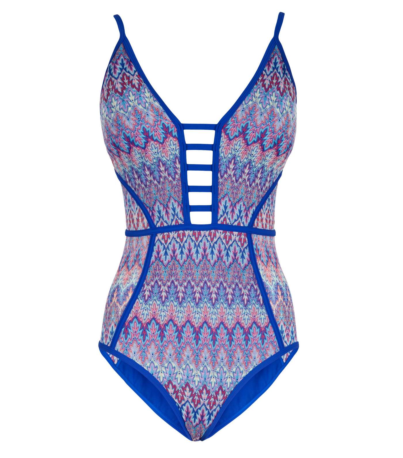 Blue Zig Zag Crochet Plunge Ladder Swimsuit  Image 4