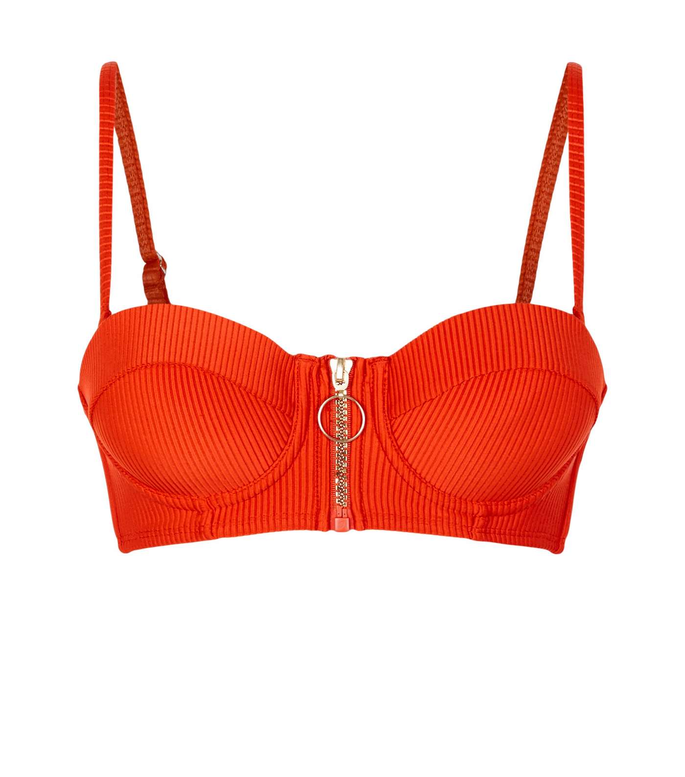 Red Ribbed Zip Front Underwired Bikini Top Image 4