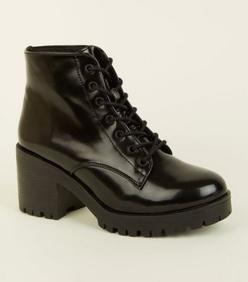 black patent chunky lace up biker boots