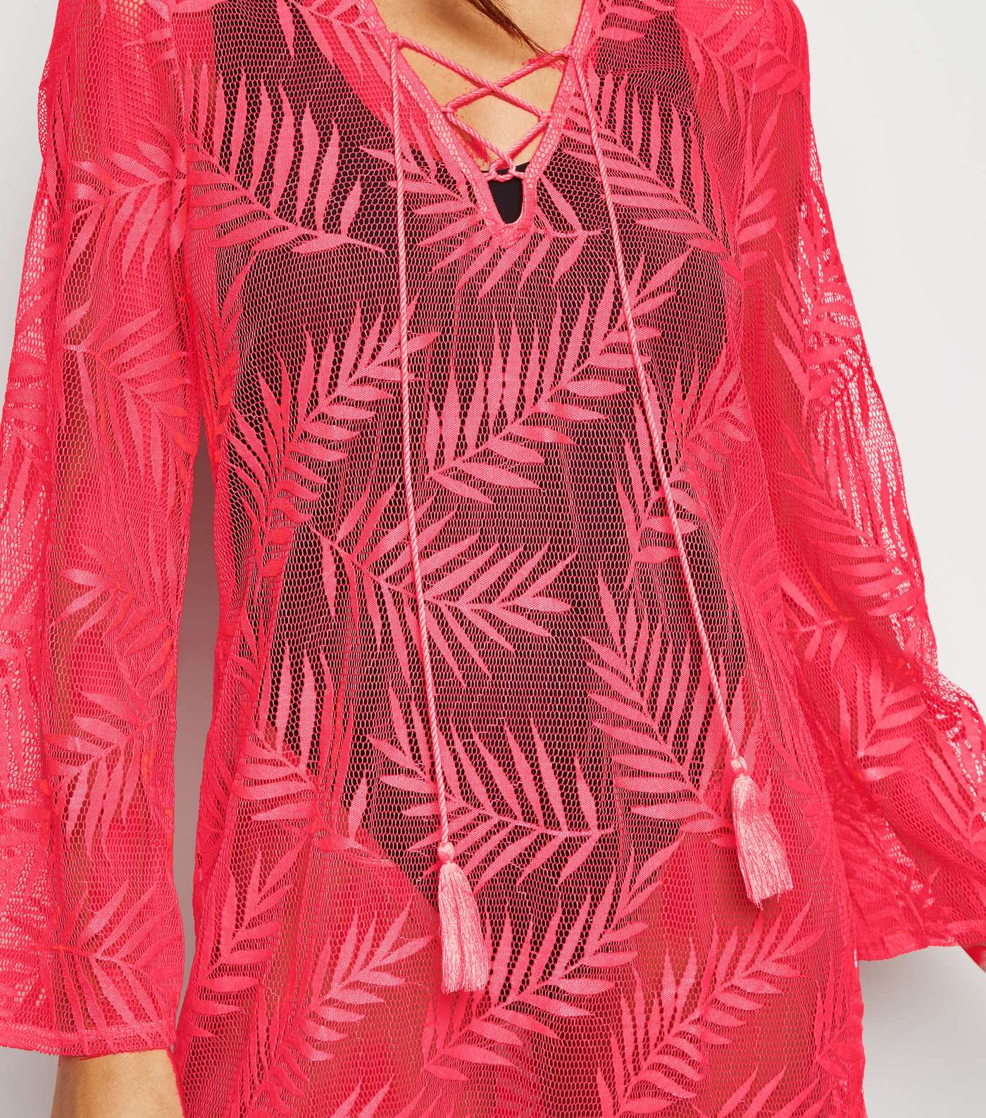 Bright Pink Neon Palm Crochet Beach Kaftan  Image 5