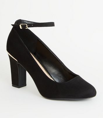 Black Suedette Ankle Strap Block Heel Courts | New Look