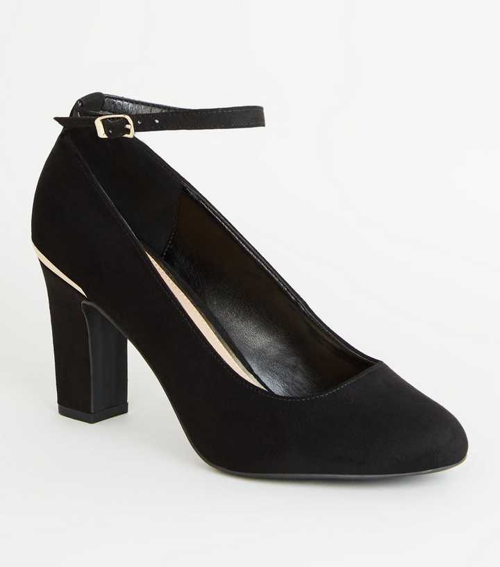 Black Suedette Ankle Strap Block Heel Courts 