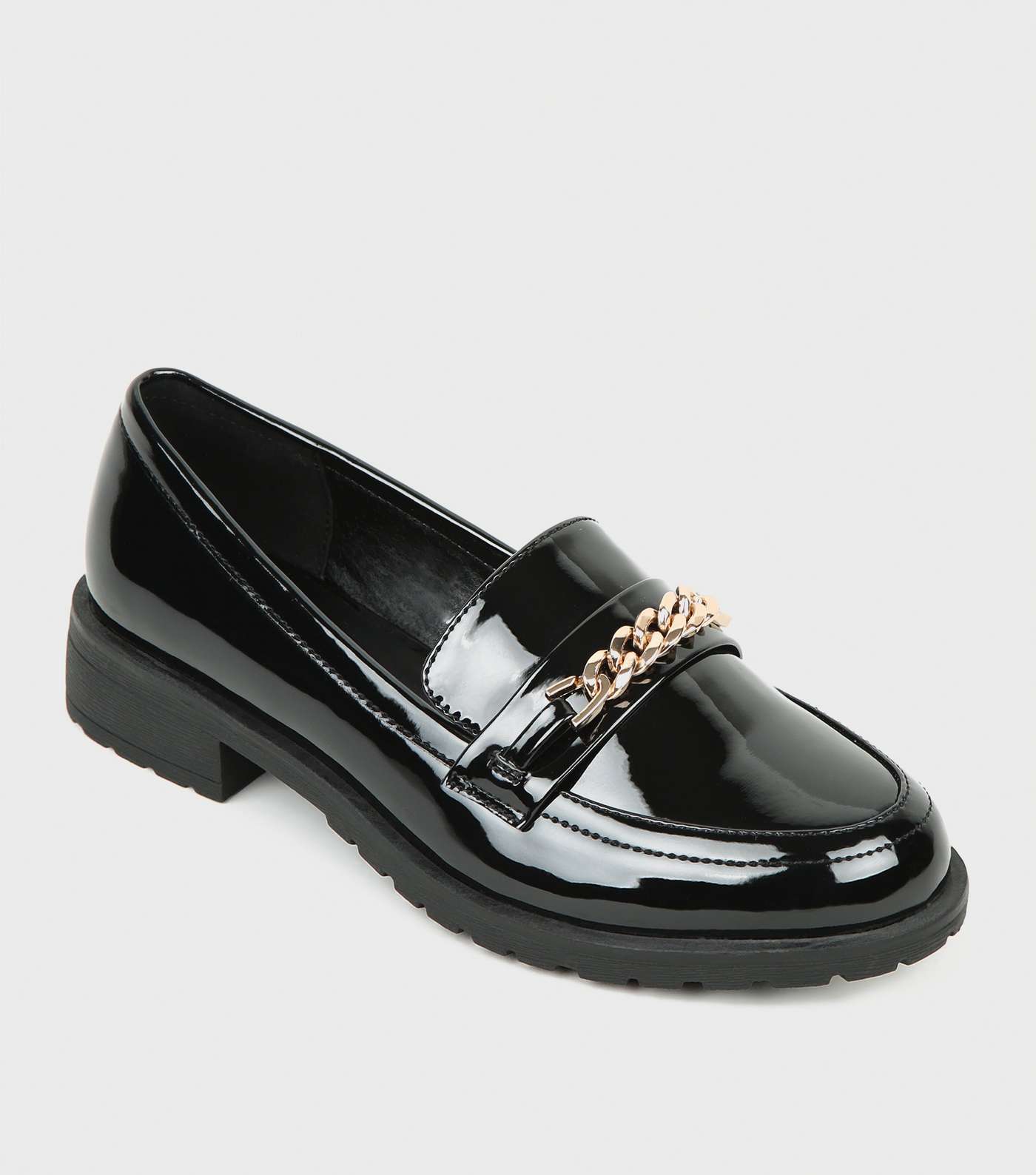 Girls Black Patent Chain Strap Loafers