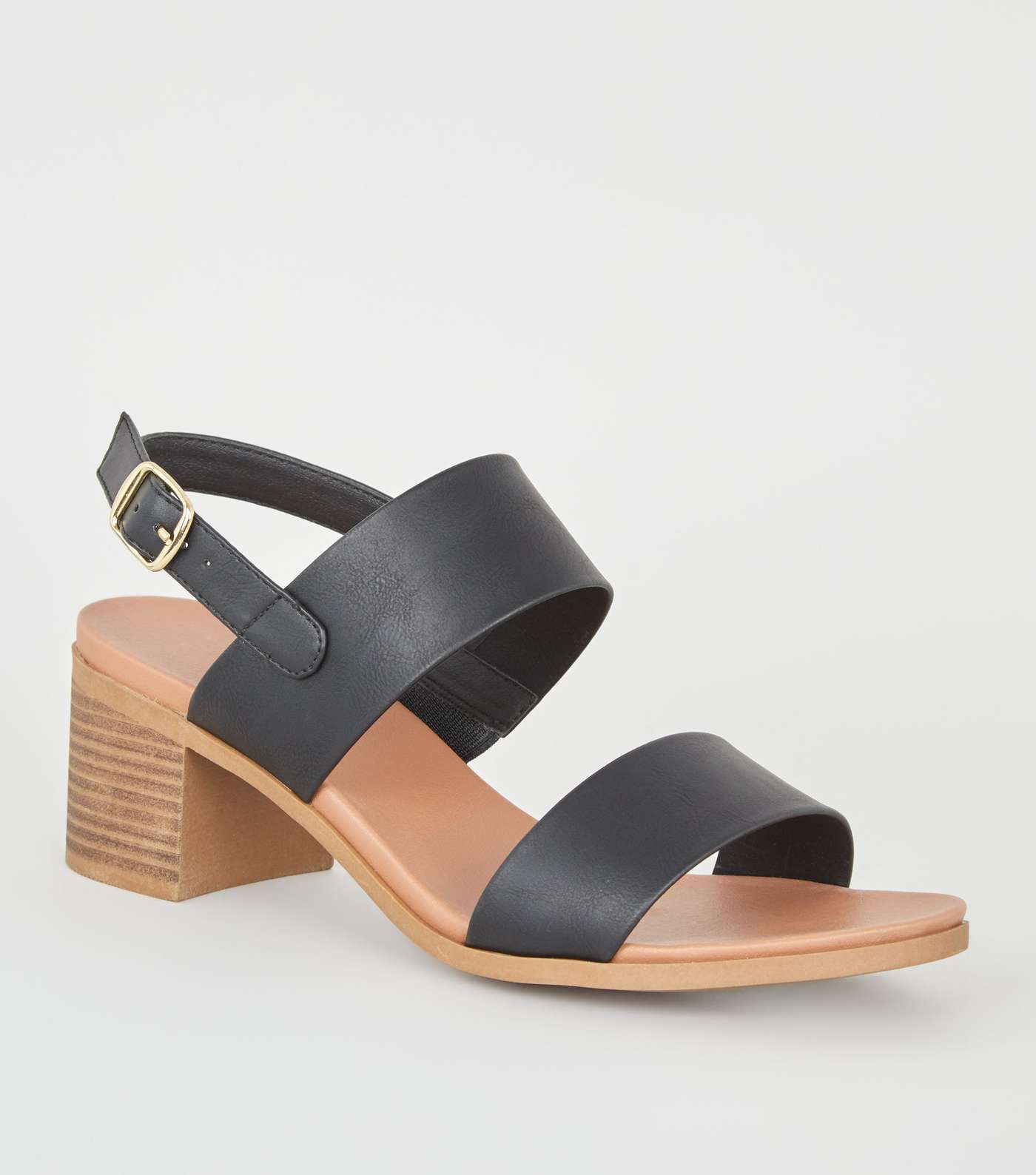 Black Leather-Look Block Heel Footbed Sandals