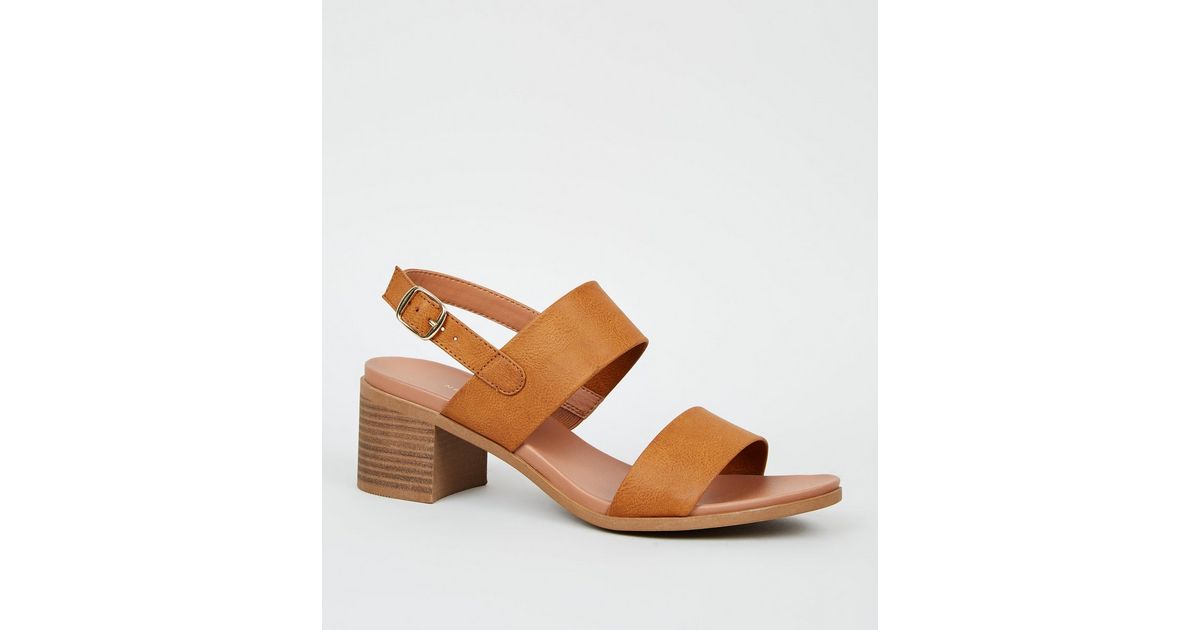Tan Leather-Look Block Heel Footbed Sandals | New Look