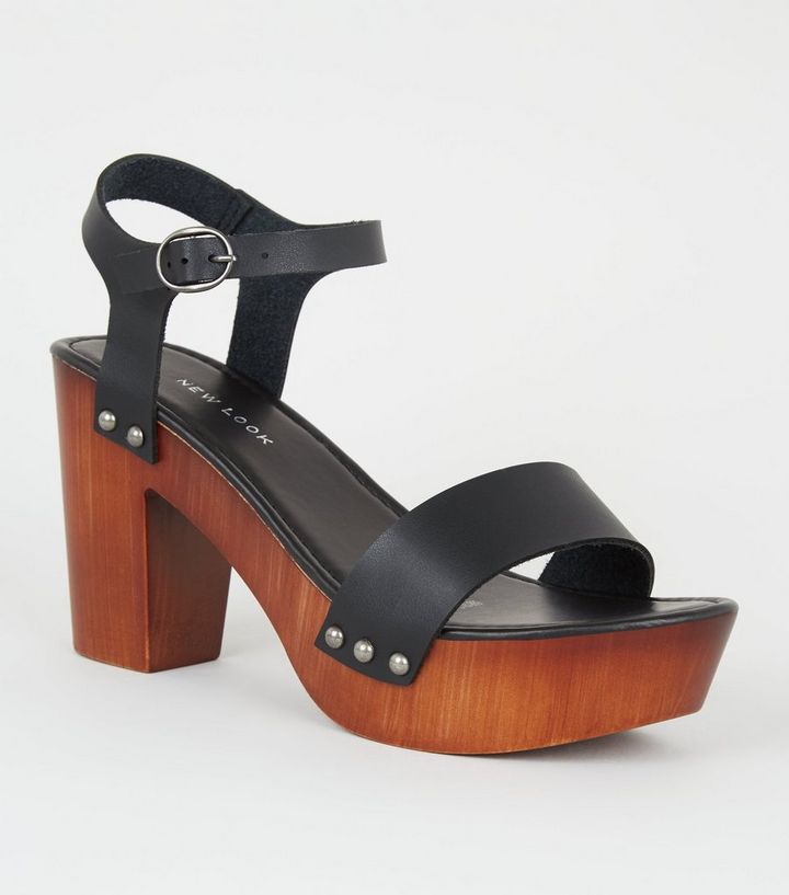 Black 2 Part Wood Platform Block Heels New Look