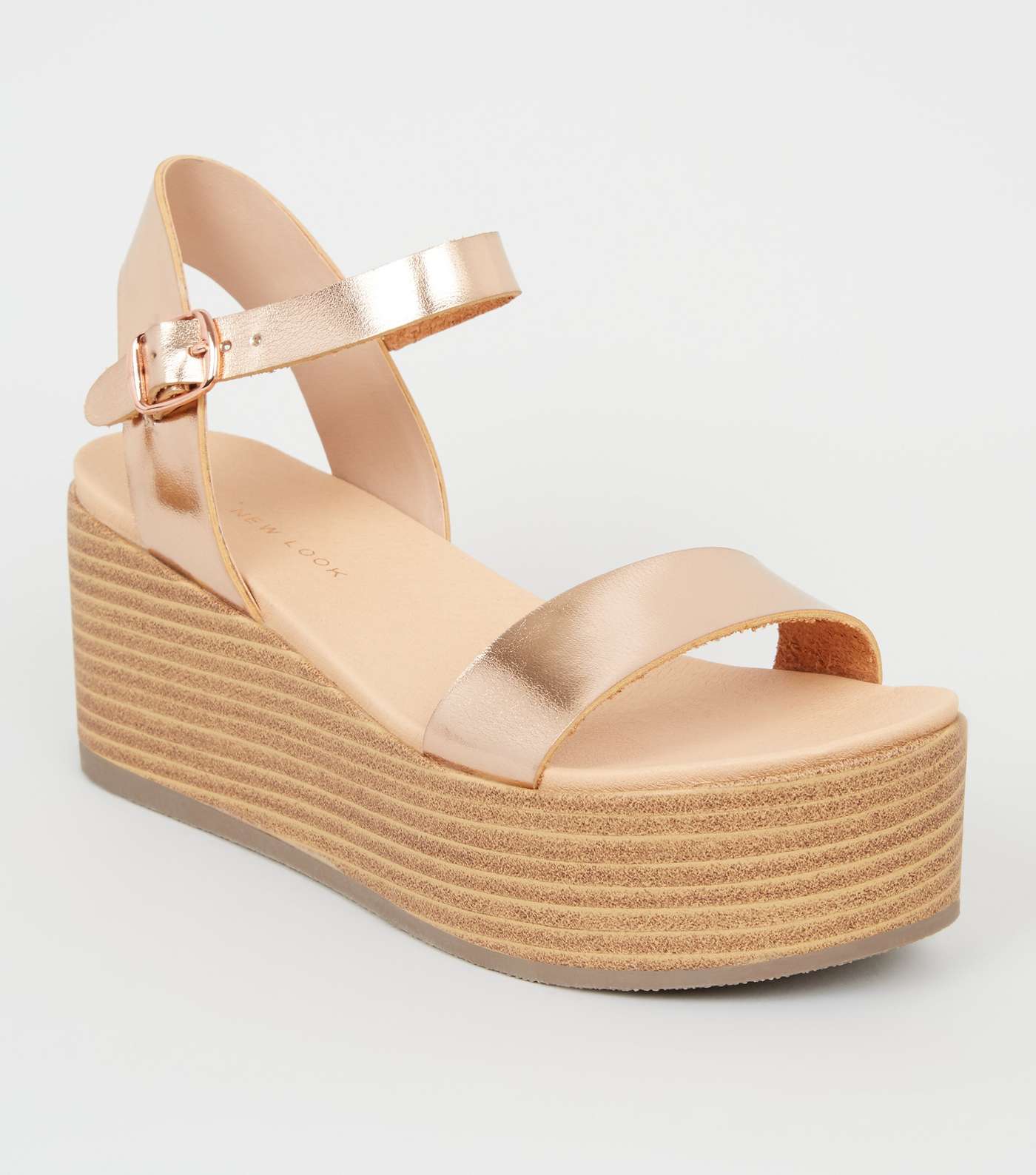 Rose Gold Leather-Look Flatform Footbed Sandals