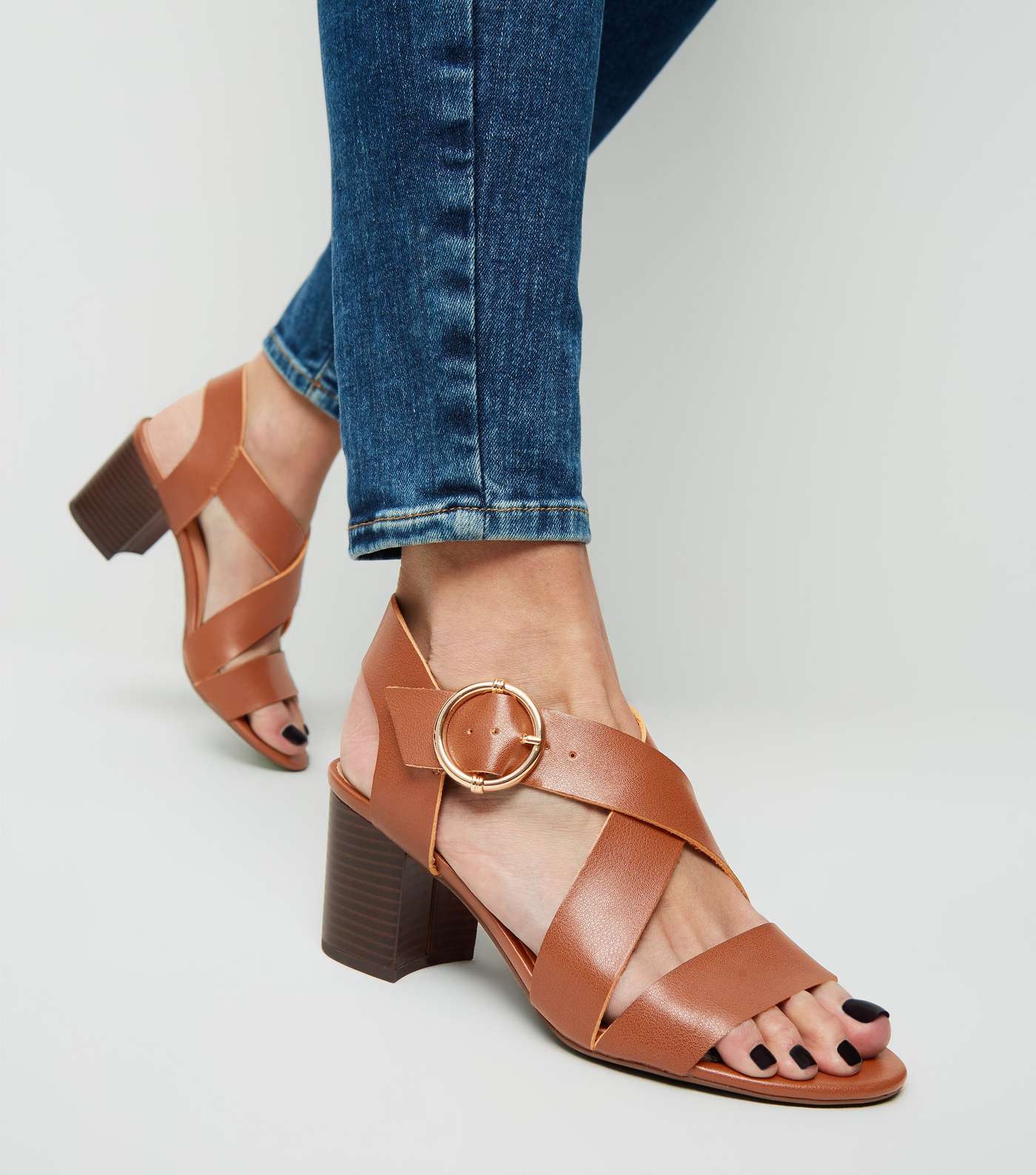 Tan Leather-Look Cross Strap Block Heels  Image 2