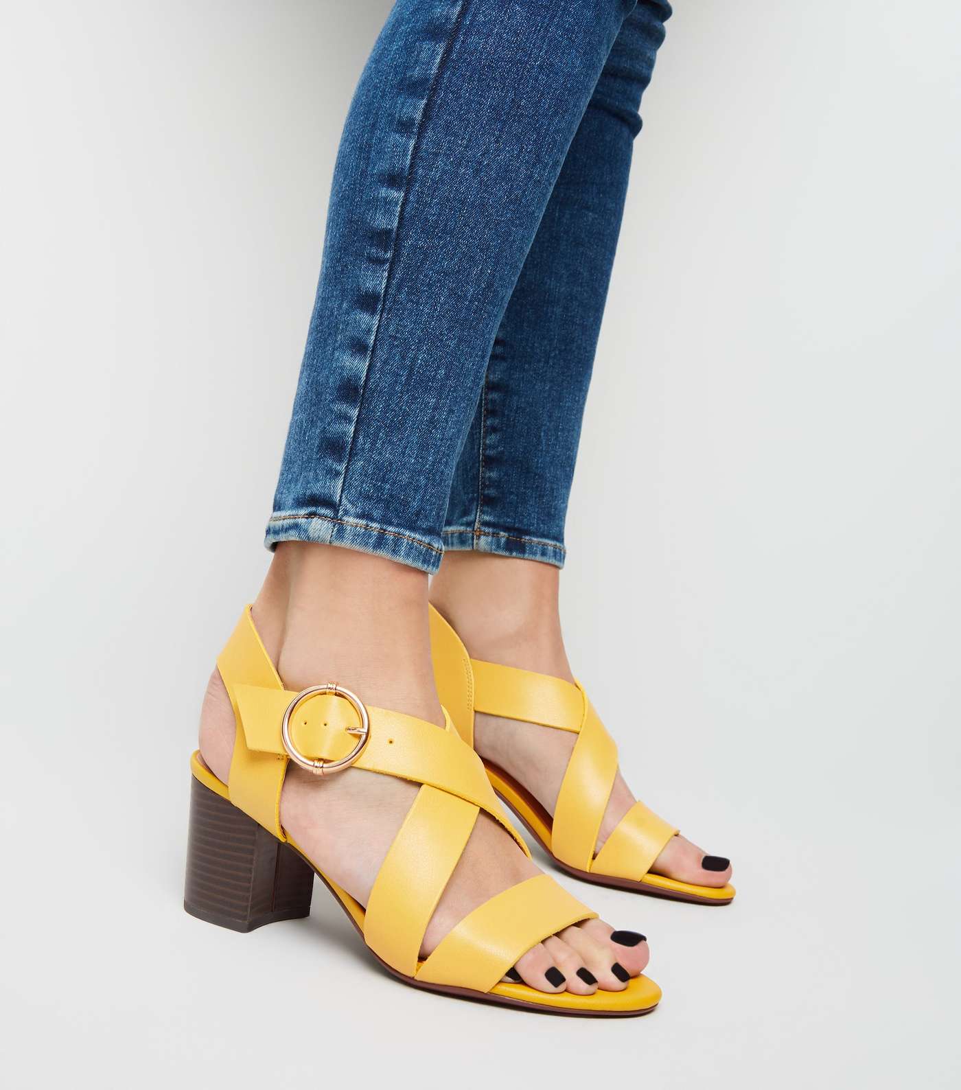 Yellow Leather-Look Cross Strap Block Heels  Image 2