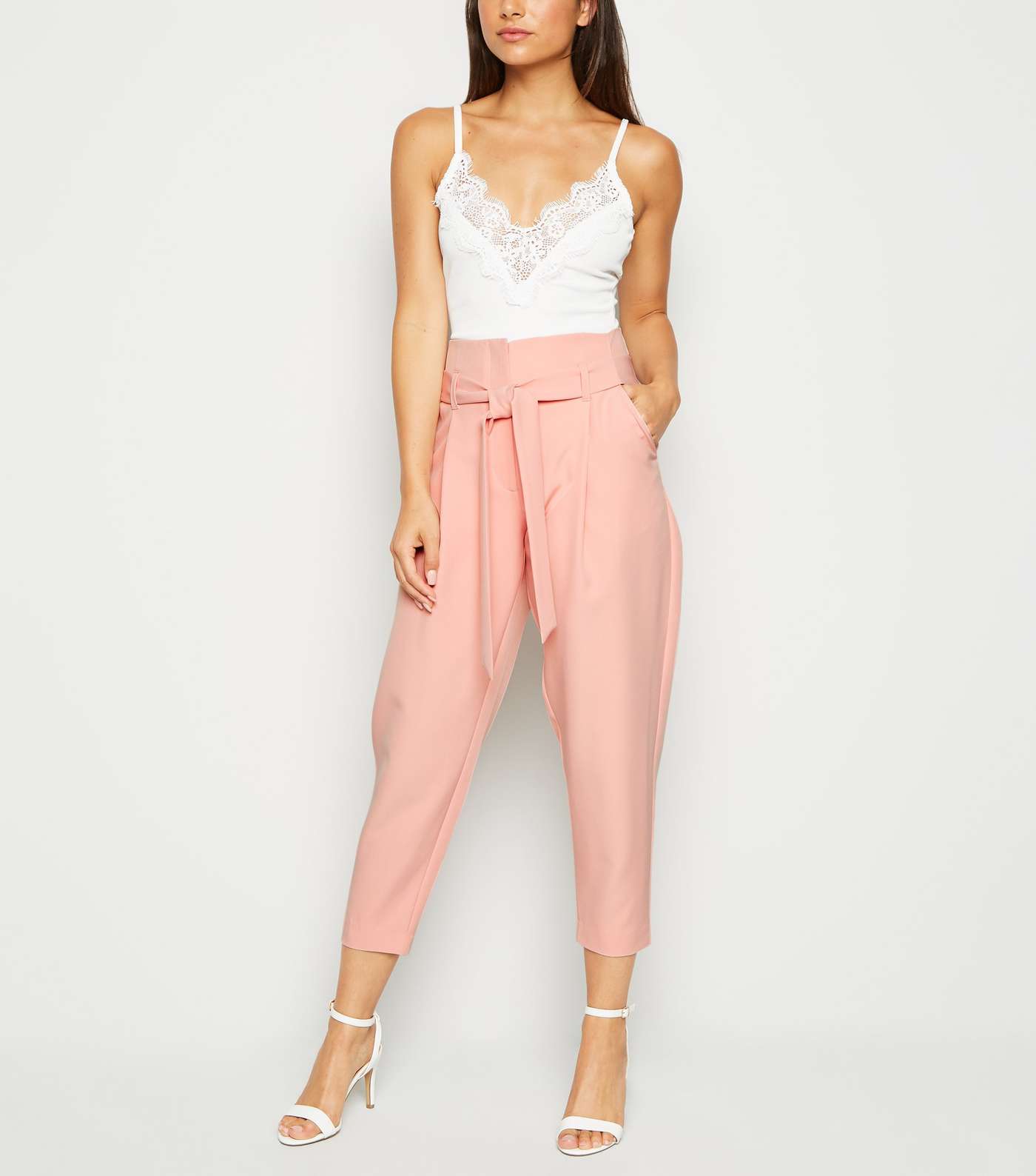 Petite Mid Pink Tie Waist Tapered Trousers
