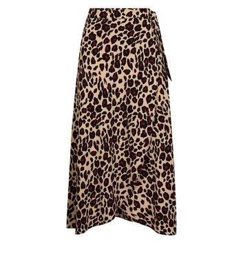 new look brown leopard print midi wrap skirt