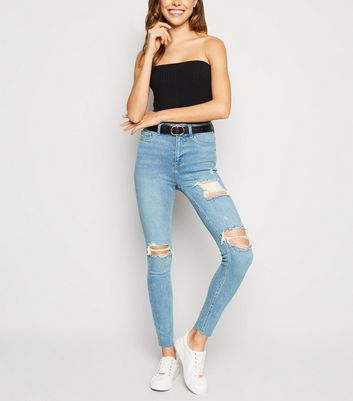 blue high waisted skinny ripped jeans