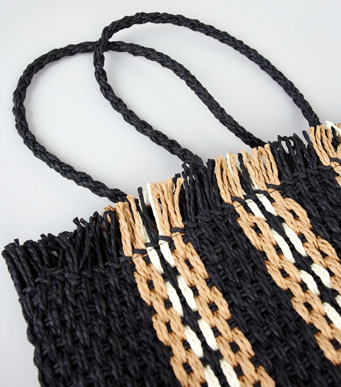 Black Stripe Woven Straw Effect Tote Bag Image 4