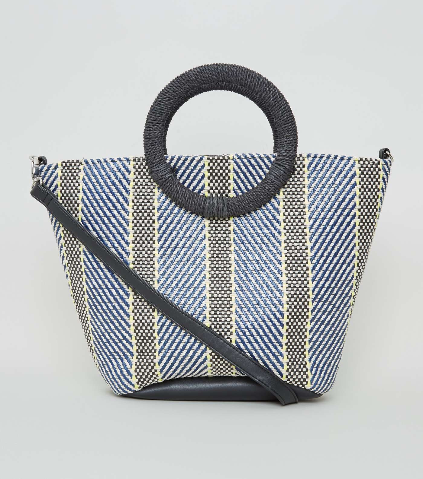Blue Woven Stripe Ring Handle Tote Bag