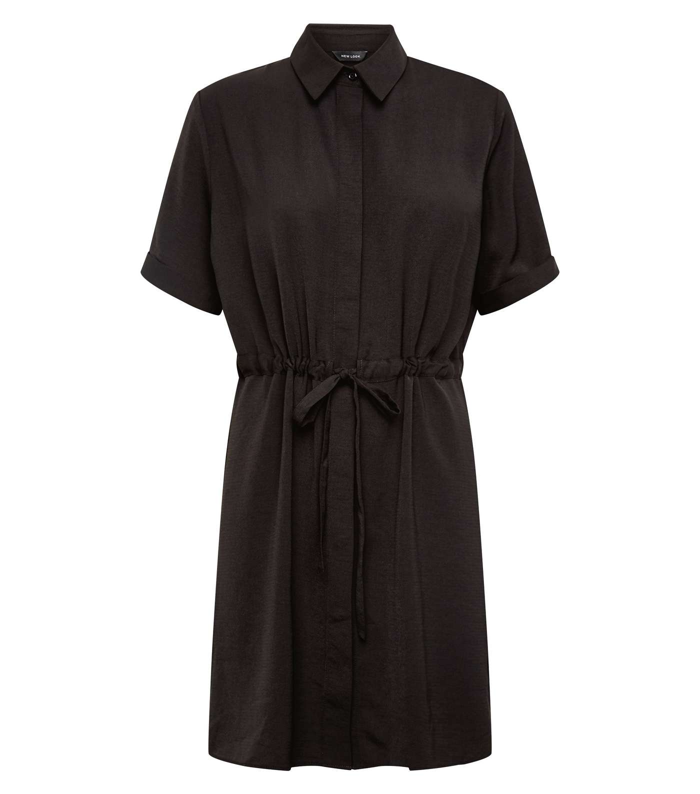Black Twill Drawstring Waist Shirt Dress Image 4