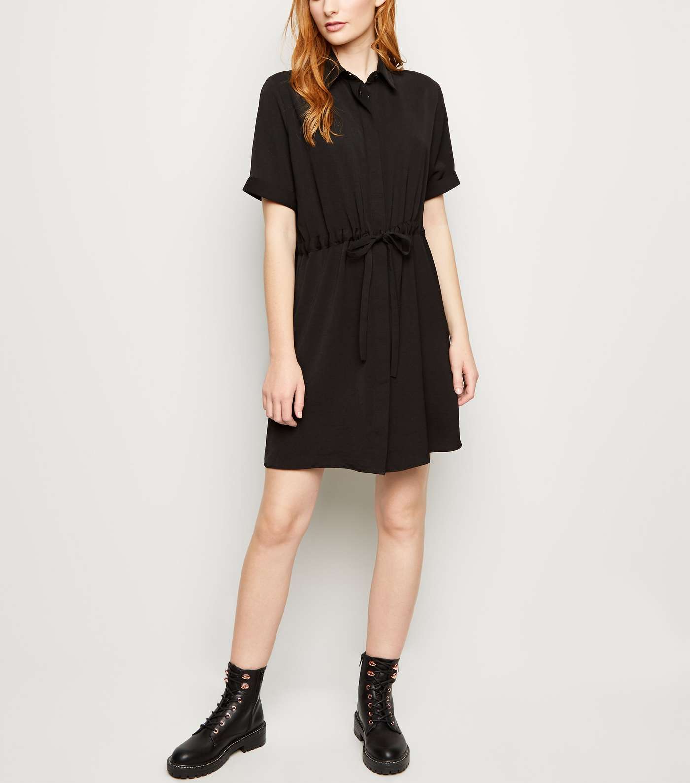 Black Twill Drawstring Waist Shirt Dress Image 2