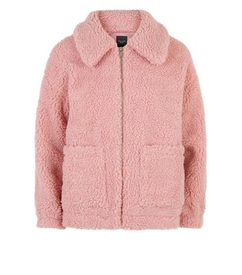 Petite Mid Pink Teddy Borg Bomber Jacket New Look