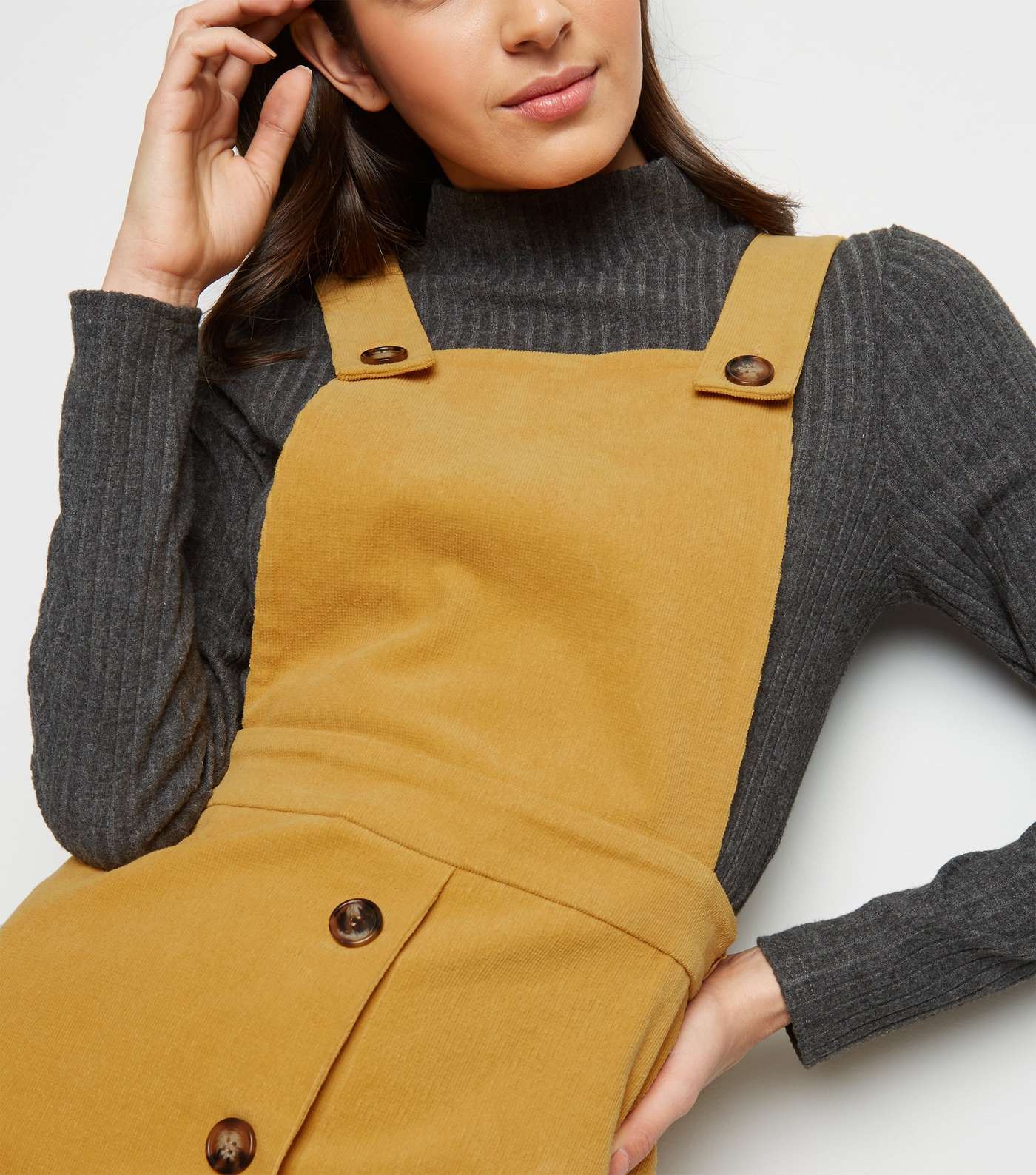 Mustard Corduroy Faux Horn Button Pinafore Dress Image 3