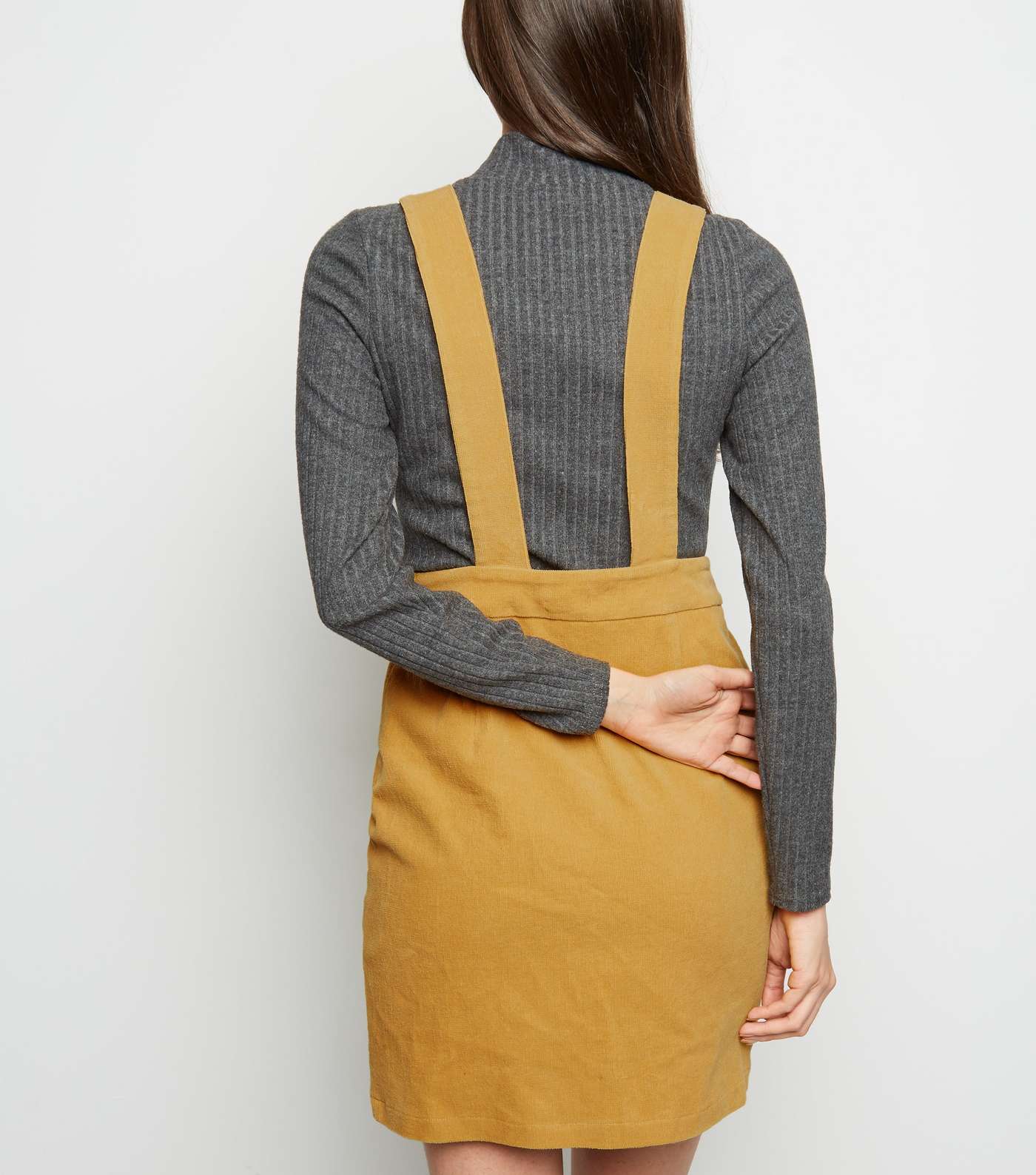 Mustard Corduroy Faux Horn Button Pinafore Dress Image 5