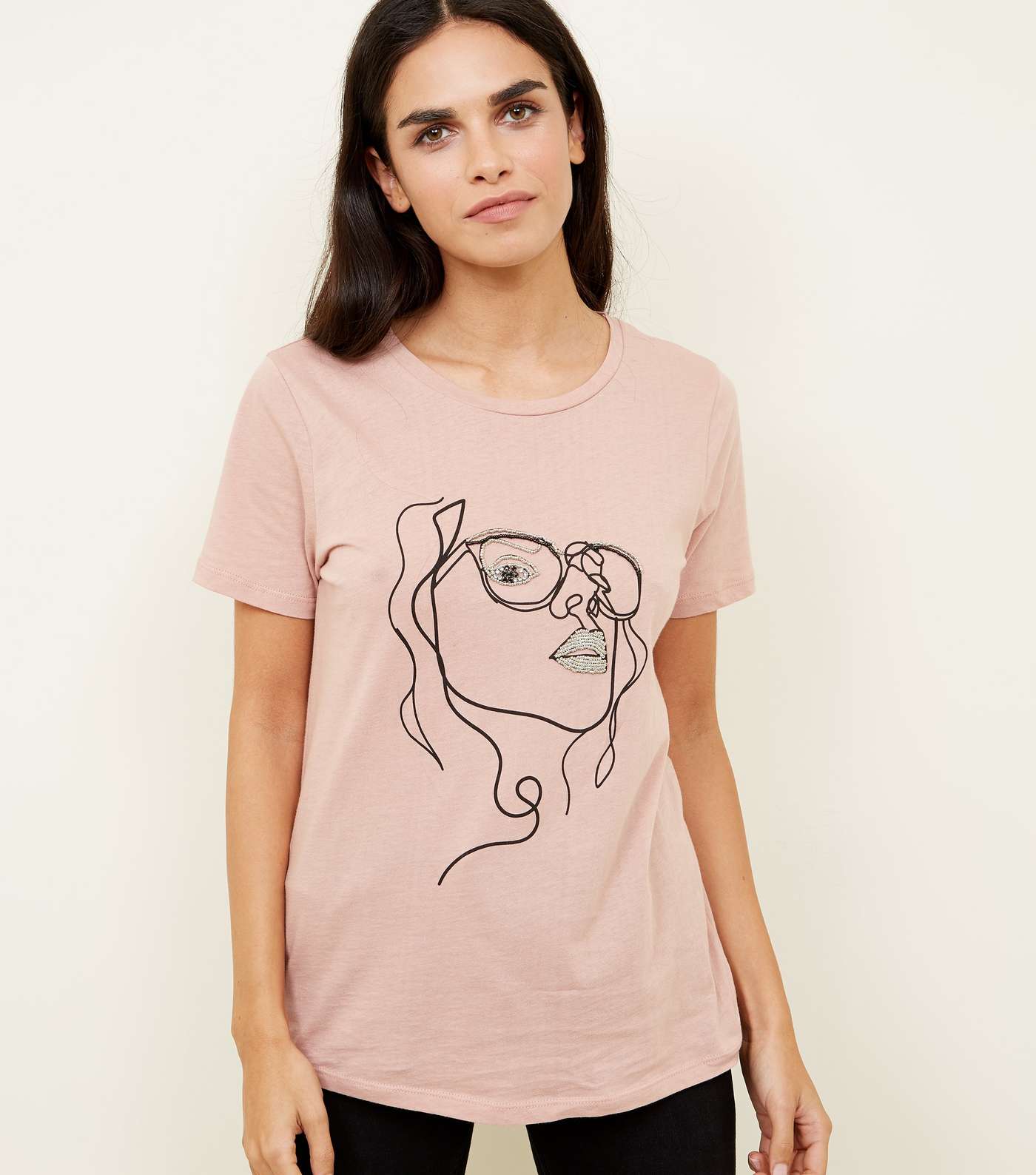 Pale Pink Line Drawn Beaded Face T-Shirt