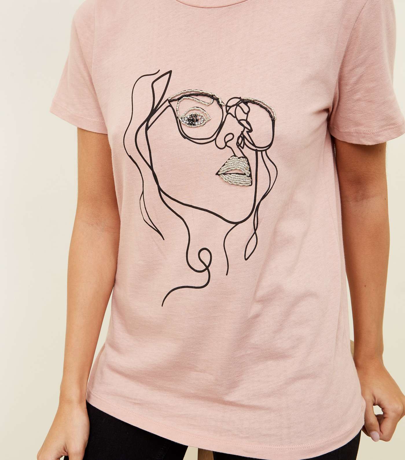 Pale Pink Line Drawn Beaded Face T-Shirt Image 5