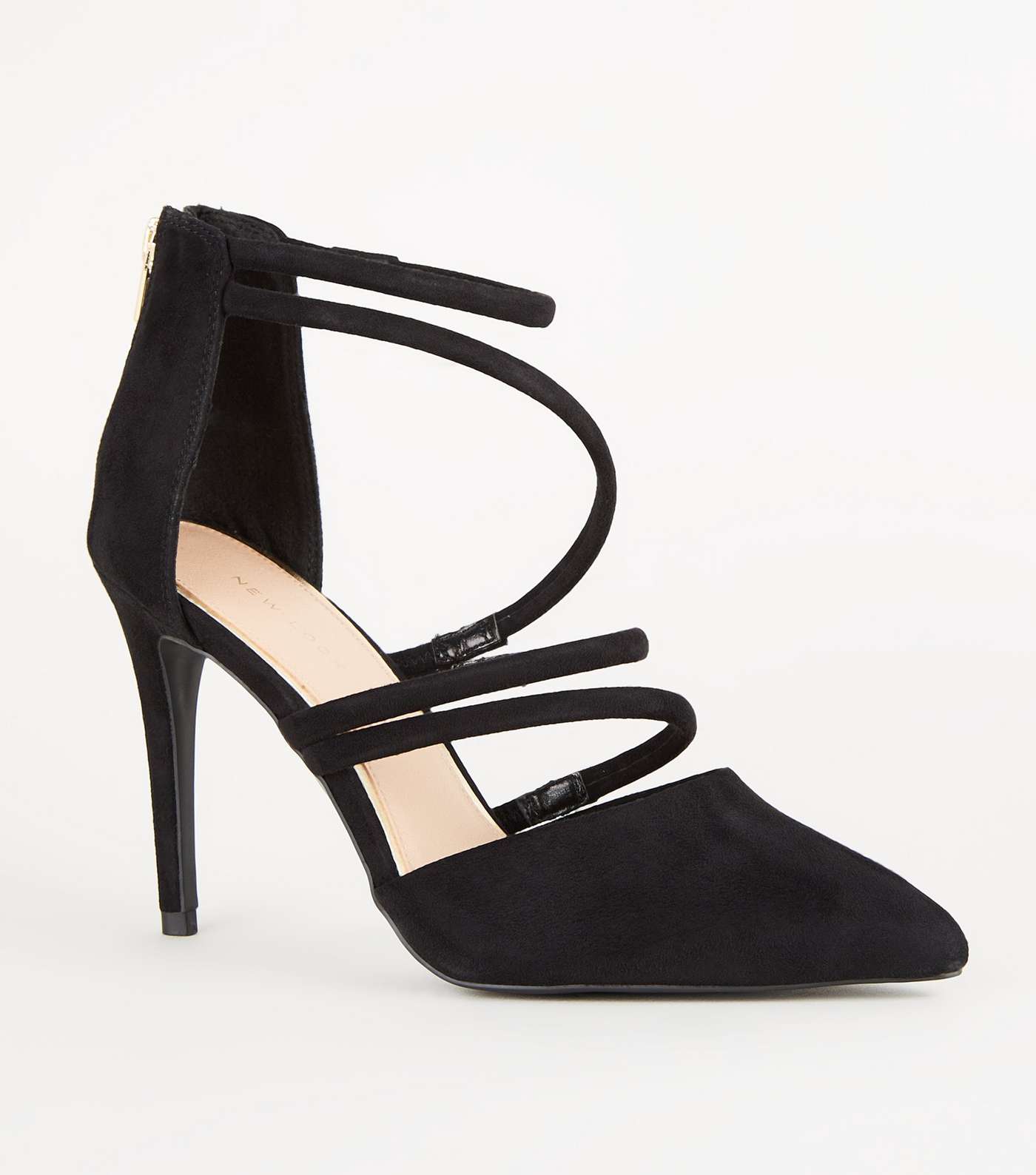 Black Suedette Tube Strap Pointed Courts