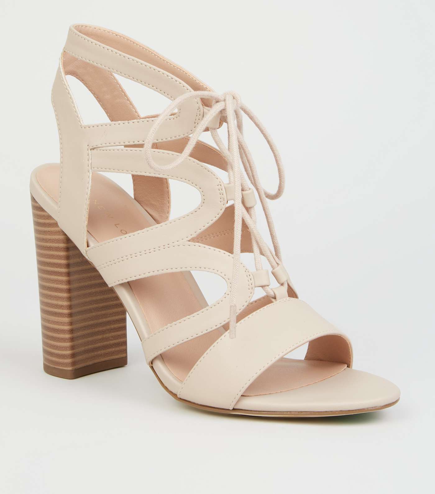 Cream Leather-Look Lace Up Ghillie Block Heels