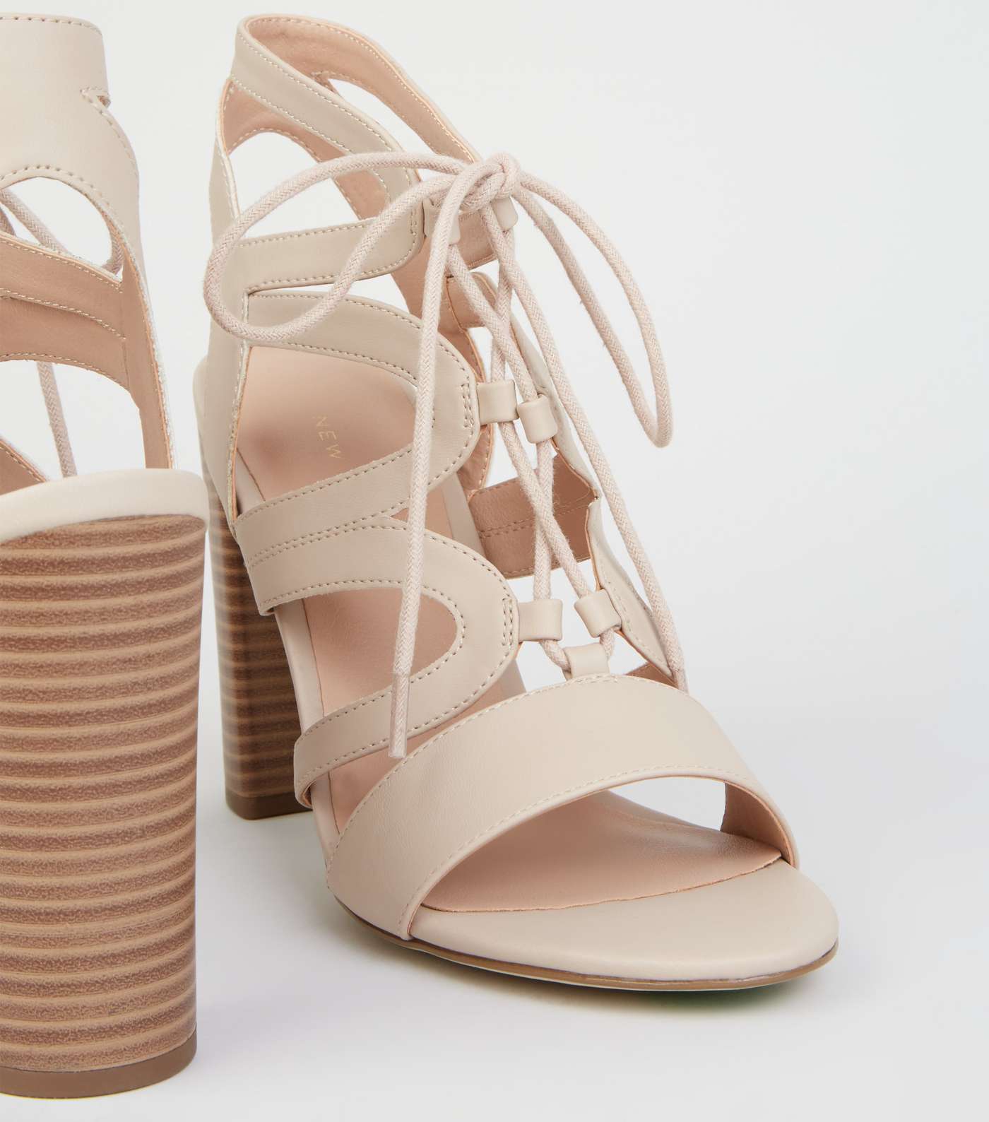 Cream Leather-Look Lace Up Ghillie Block Heels Image 3