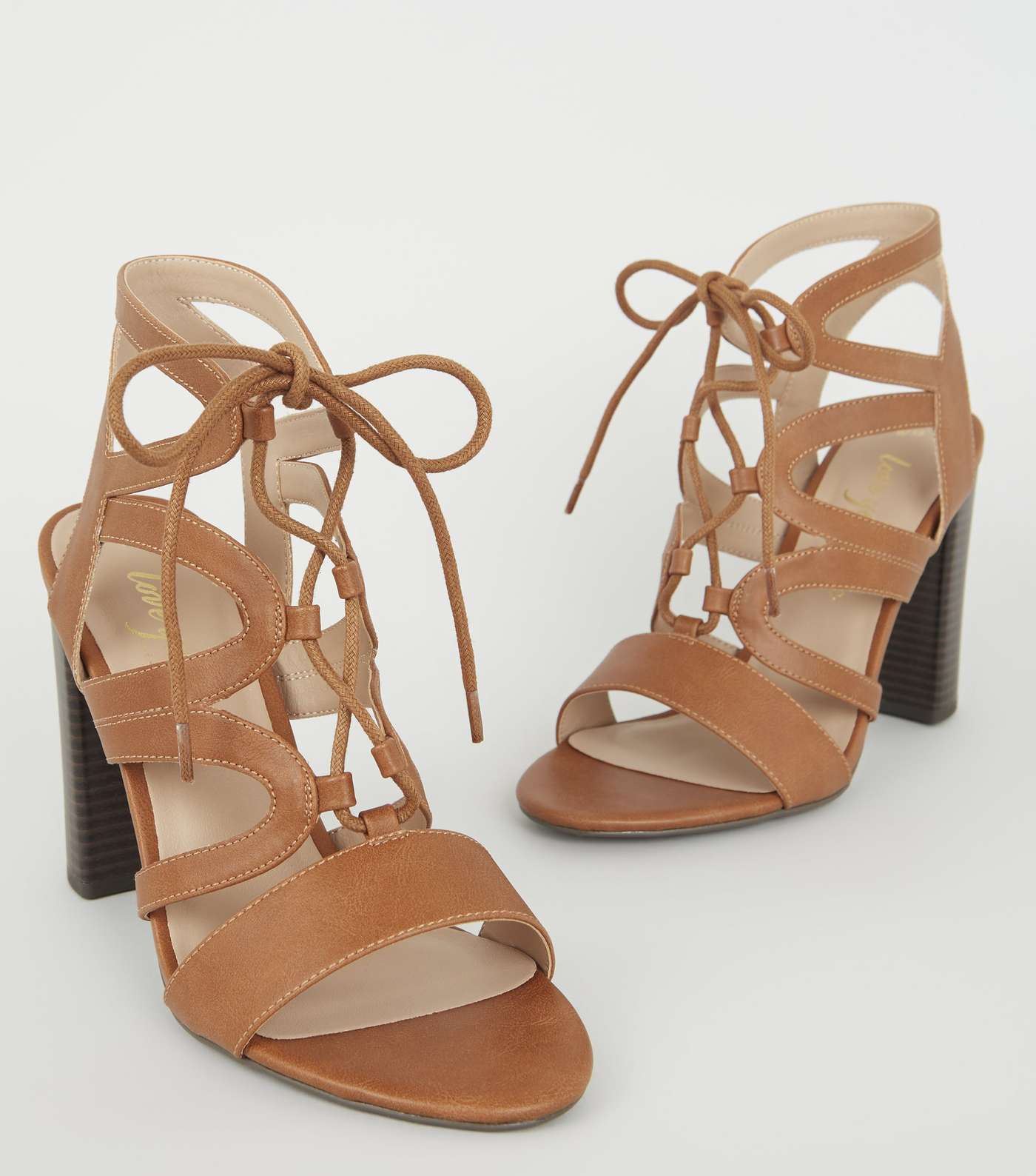 Tan Leather-Look Lace Up Ghillie Block Heels Image 4