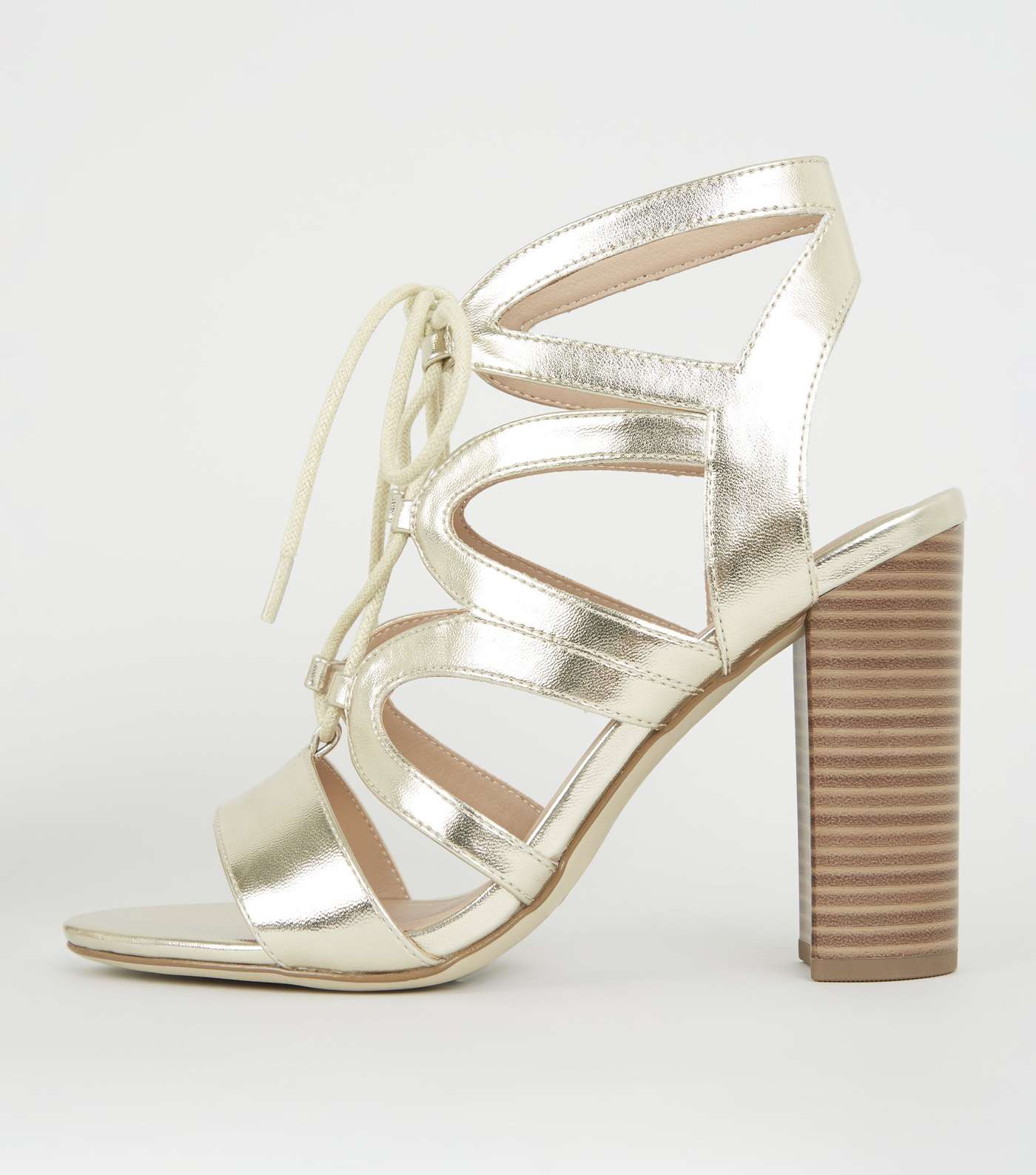 Gold Leather-Look Lace Up Ghillie Block Heels Image 4