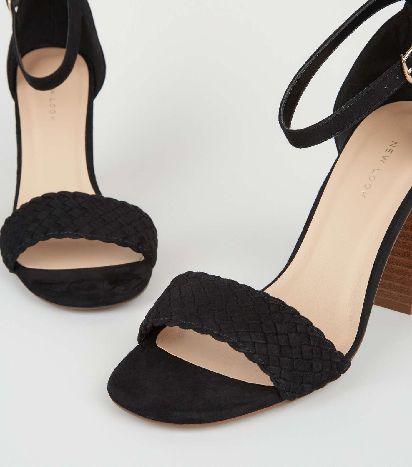 Black Woven Strap Wood Block Heel Sandals Image 3