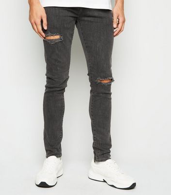 Image of Dark Grey Ripped Super Skinny Stretch Jeans New Look