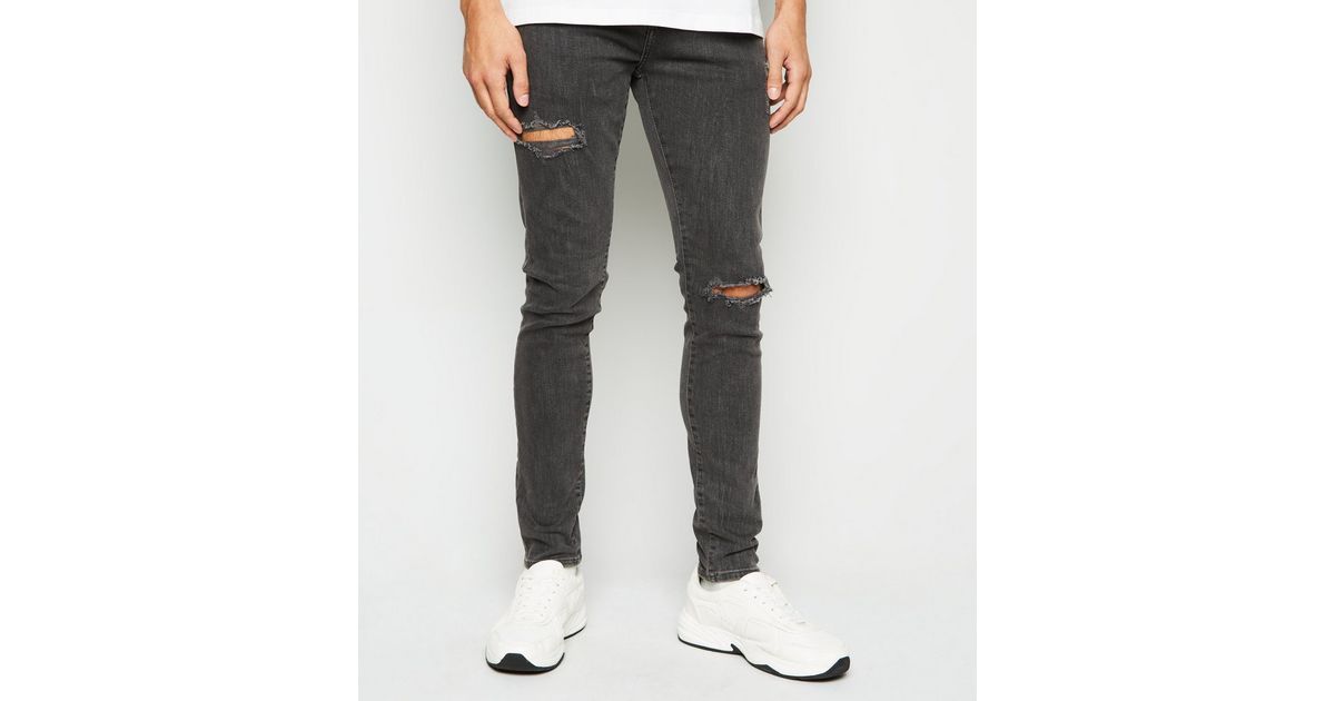 Dark Grey Ripped Super Skinny Stretch Jeans | New Look