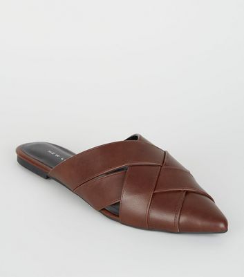 Brown Leather-Look Woven Pointed Mules 