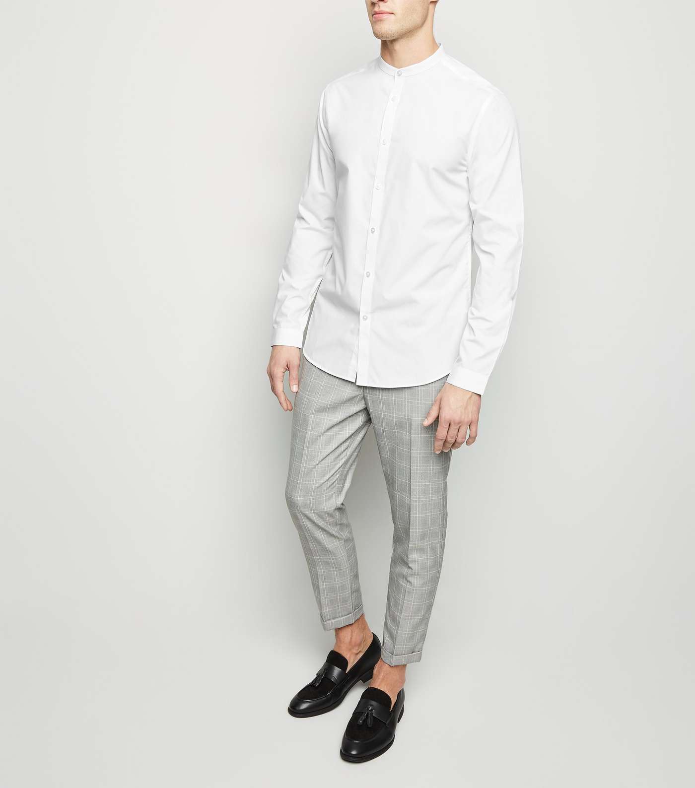 White Long Sleeve Collarless Poplin Shirt Image 2