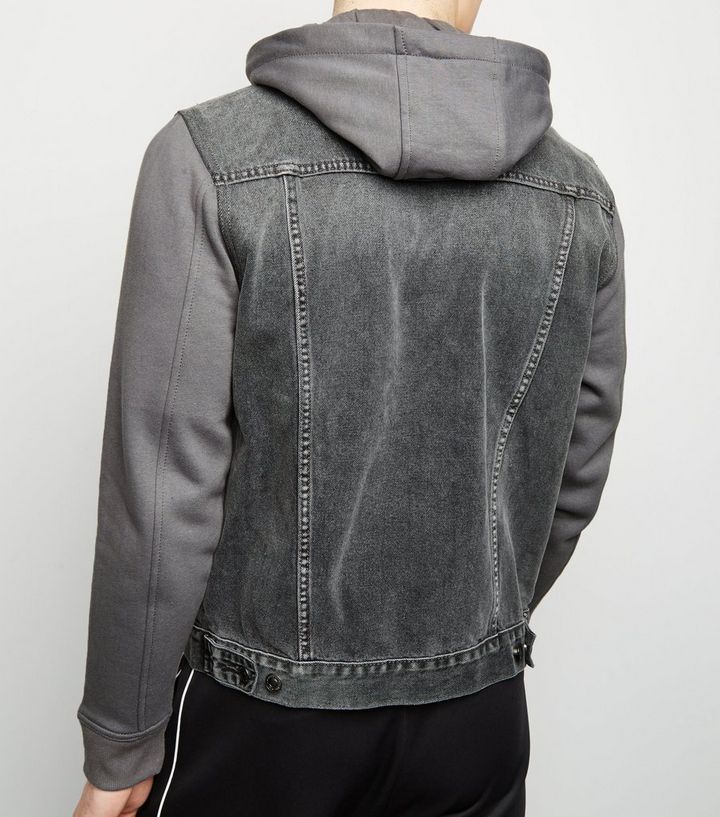 Dark Grey Jersey Sleeve Denim Jacket New Look - Denim Jacket With Leather Sleeves And Hood Dark Grey Jersey Sleeve Denim Jacket New Look - Denim Jacket With Leather Sleeves And Hood