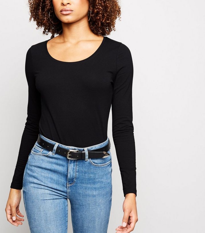 Black Scoop Neck Long Sleeve T Shirt New Look