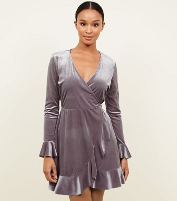 grey velvet wrap dress