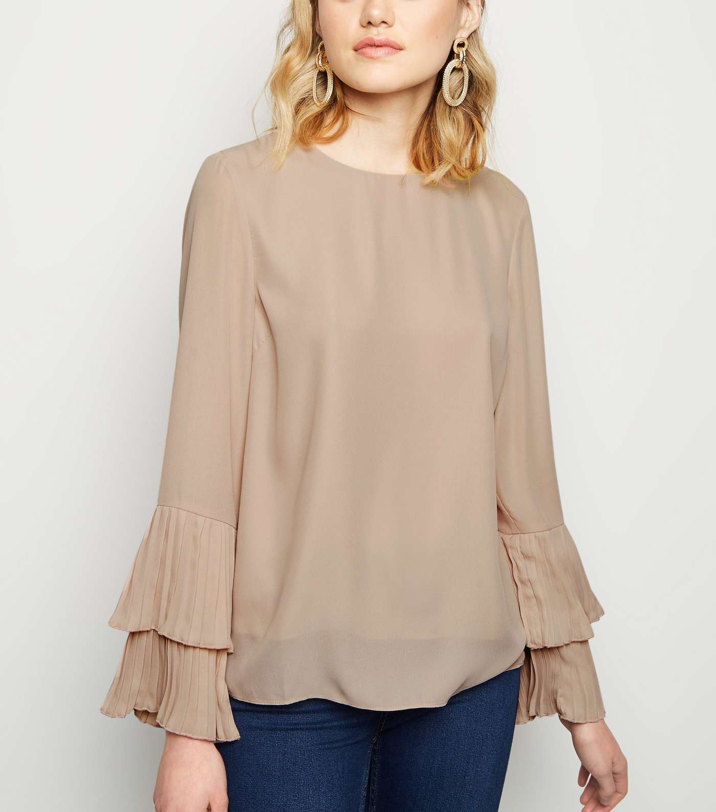 Pale Pink Pleated Tiered Sleeve Blouse 