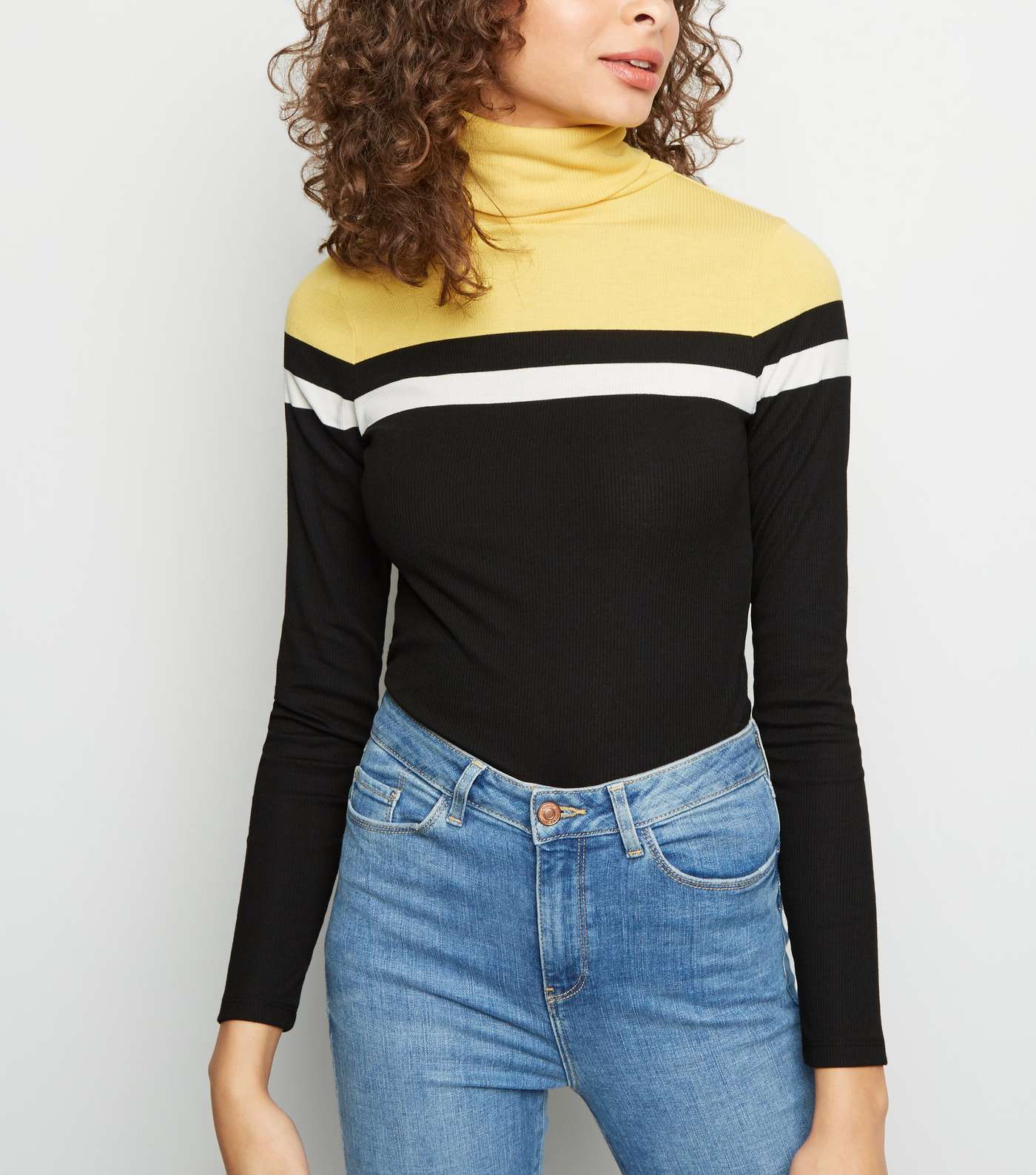 Yellow Colour Block Ribbed Roll Neck Top 
