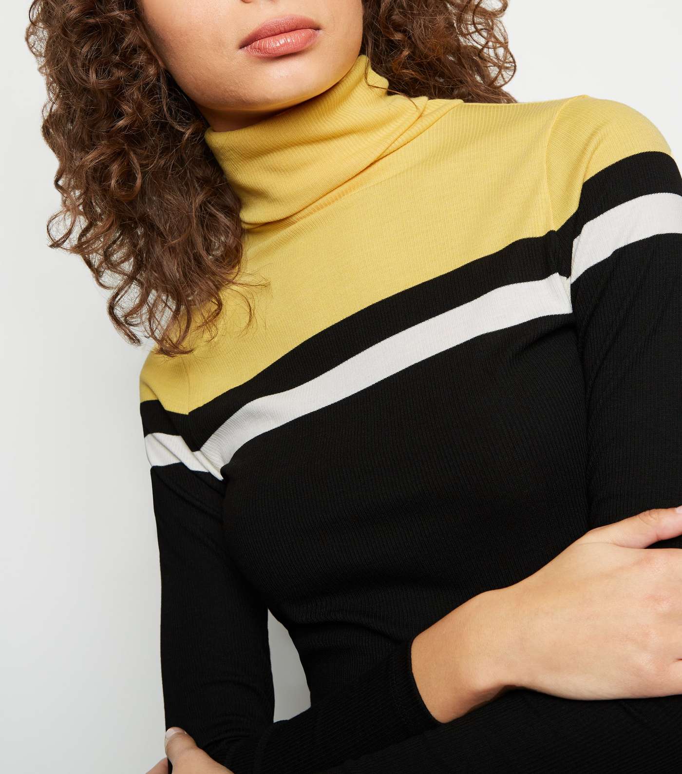 Yellow Colour Block Ribbed Roll Neck Top  Image 5