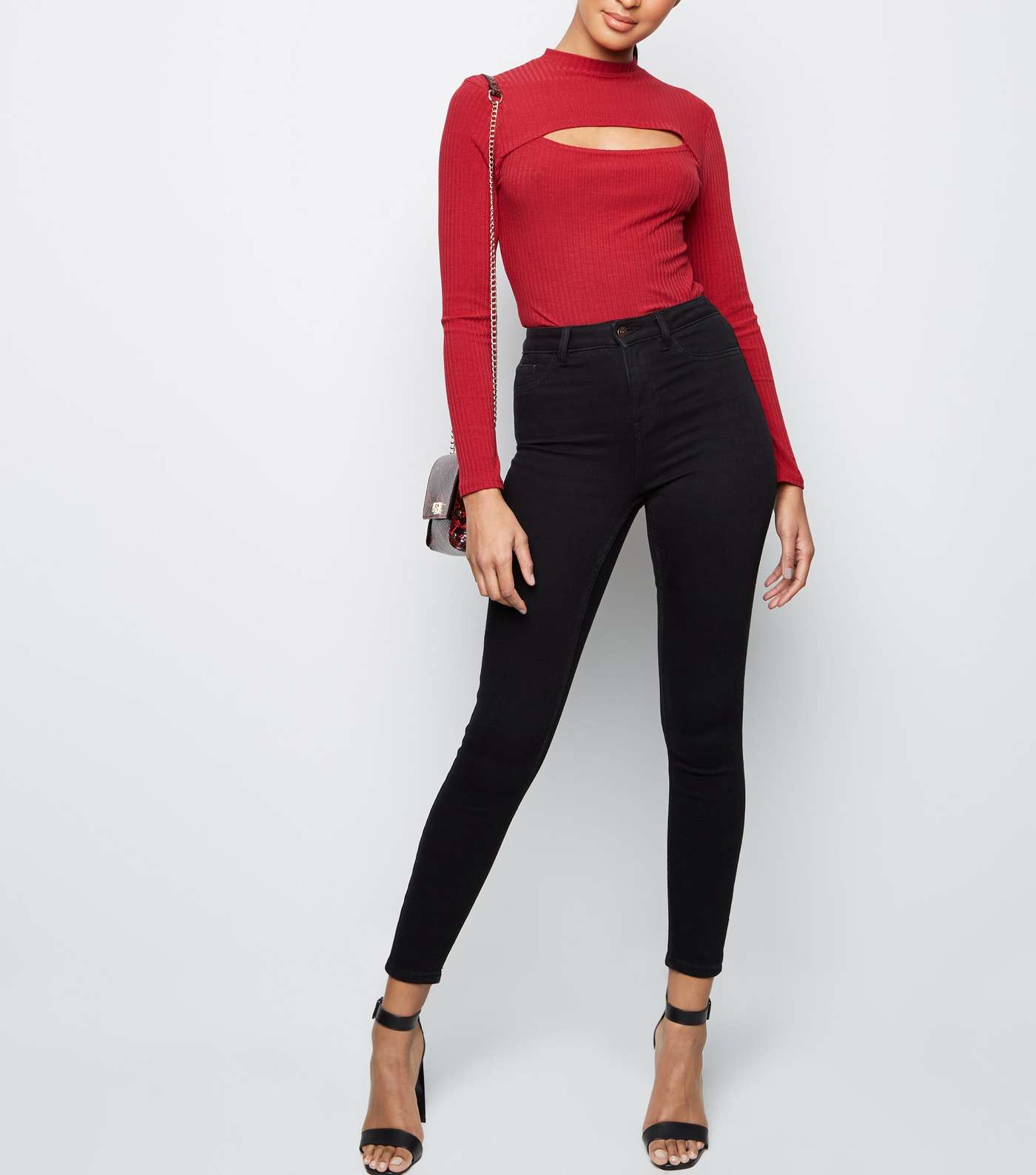 Red Ribbed Cut Out Bodysuit Image 2