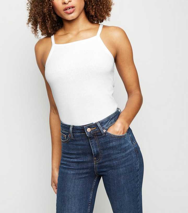 White Ribbed High Neck Cami