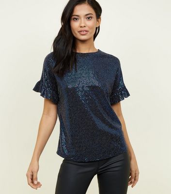 Blue Sequin Frill Sleeve Top | New Look