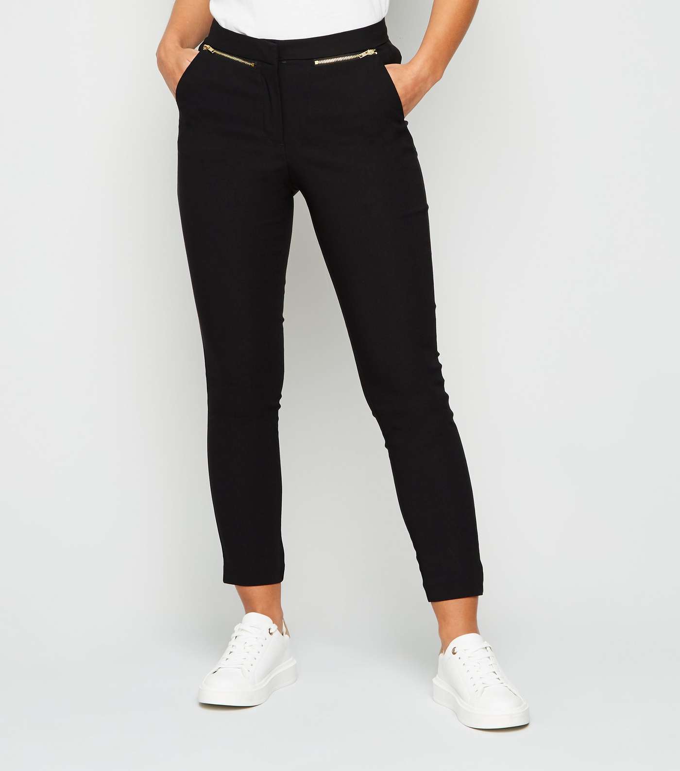 Petite Black Zip Front Stretch Slim Fit Trousers  Image 2