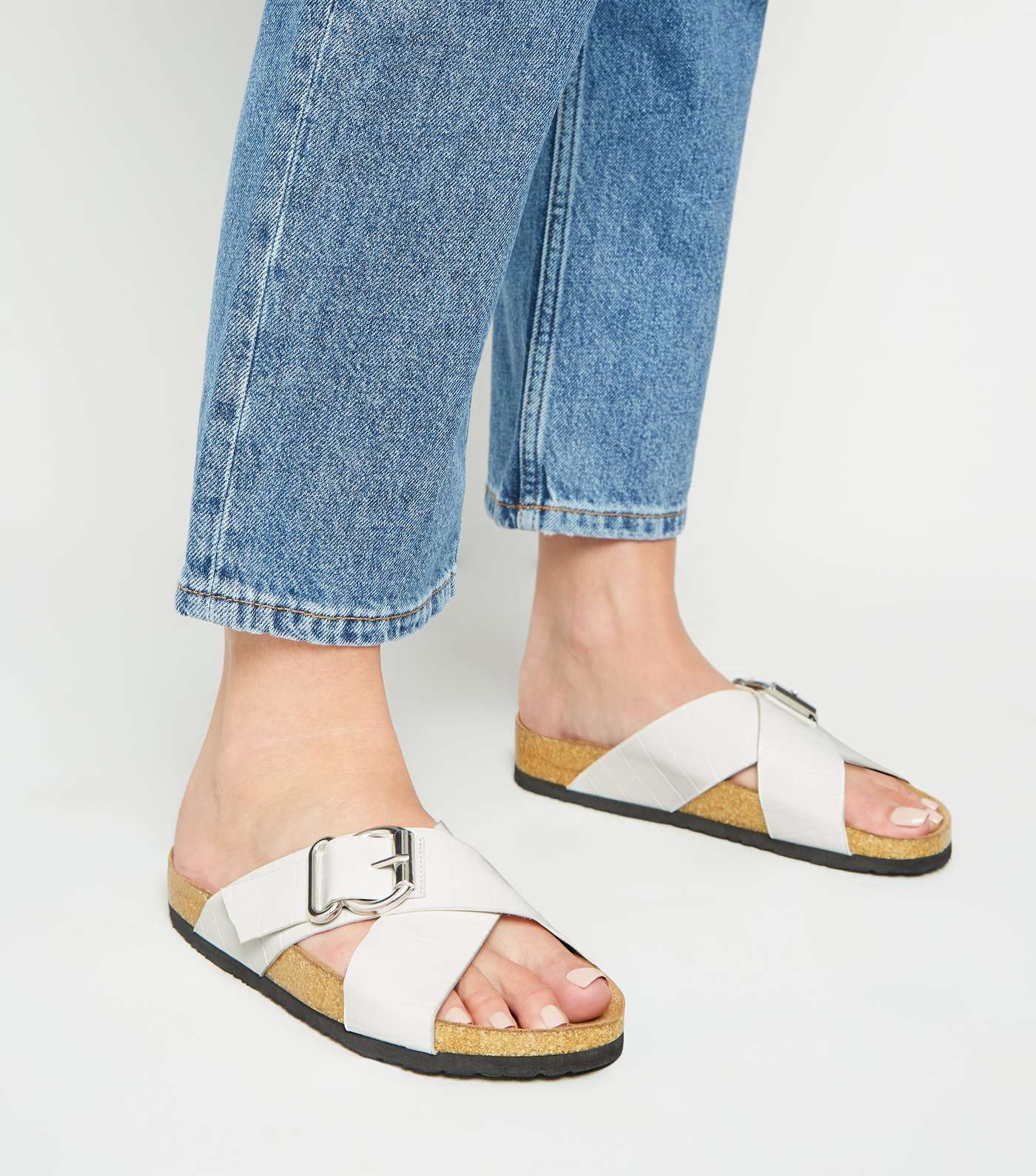 White Faux Croc Cross Strap Footbed Sliders Image 2